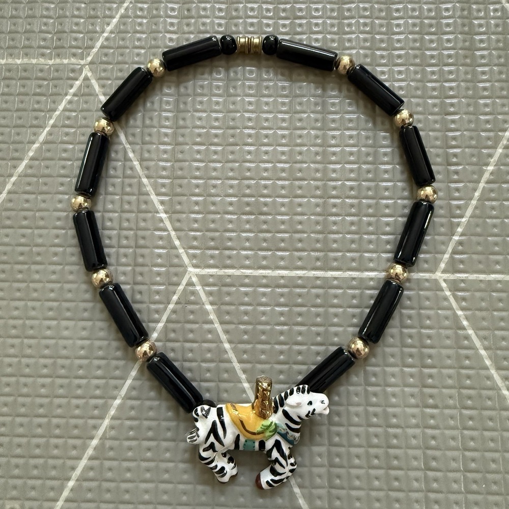 Flying Colors Vintage Hand-Painted Enamel Ceramic Carousel Zebra Necklace